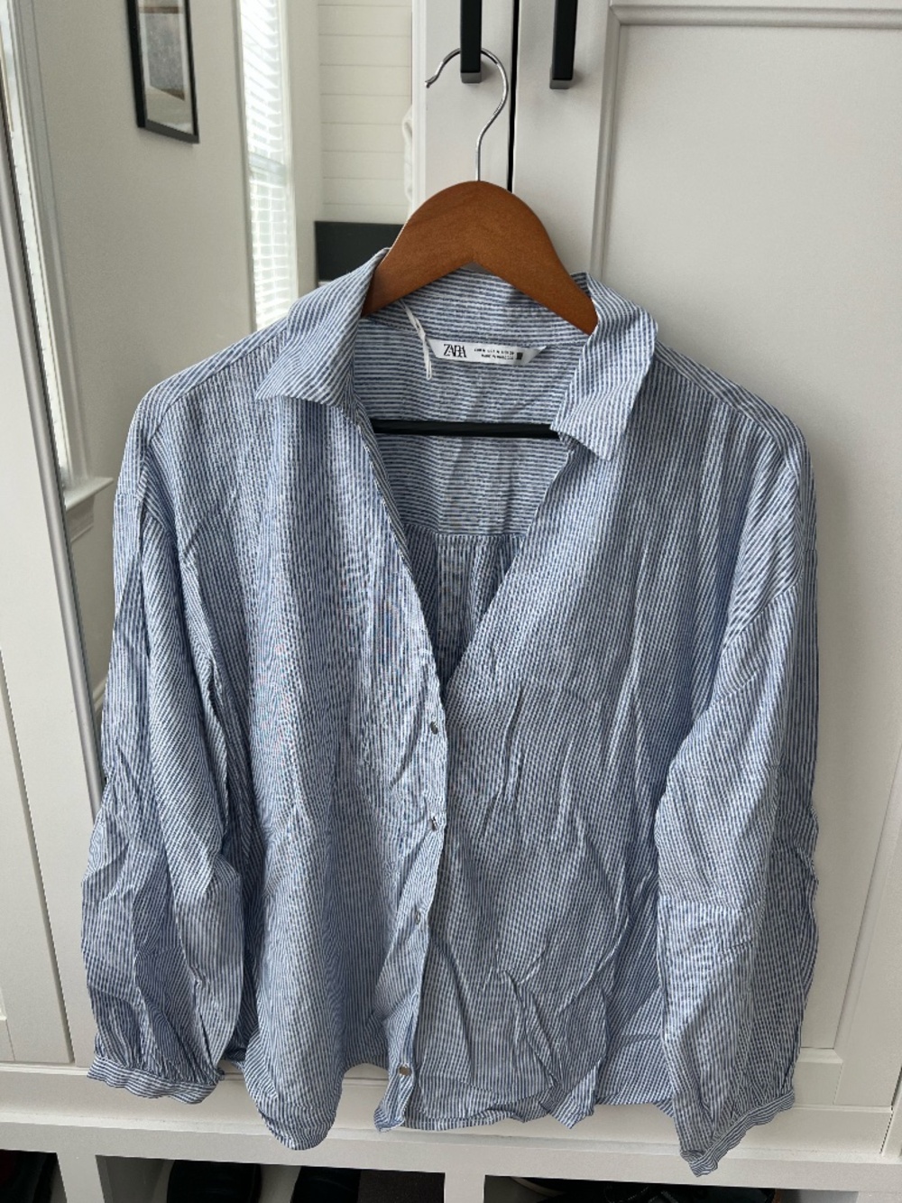 ZARA Blue & White Striped V-Neck Oversized Button-Down Blouse | Size M